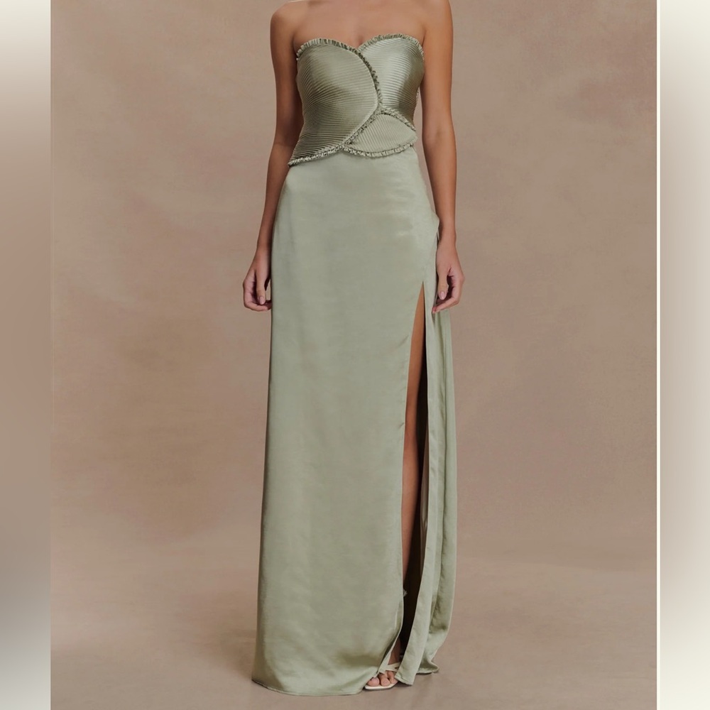 Meshki Sage Satin Strapless Dress